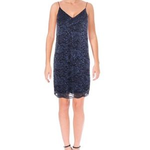 AQUA Dress Cocktail Sexy Navy Lace Sequin Spaghetti V-neck NWT M